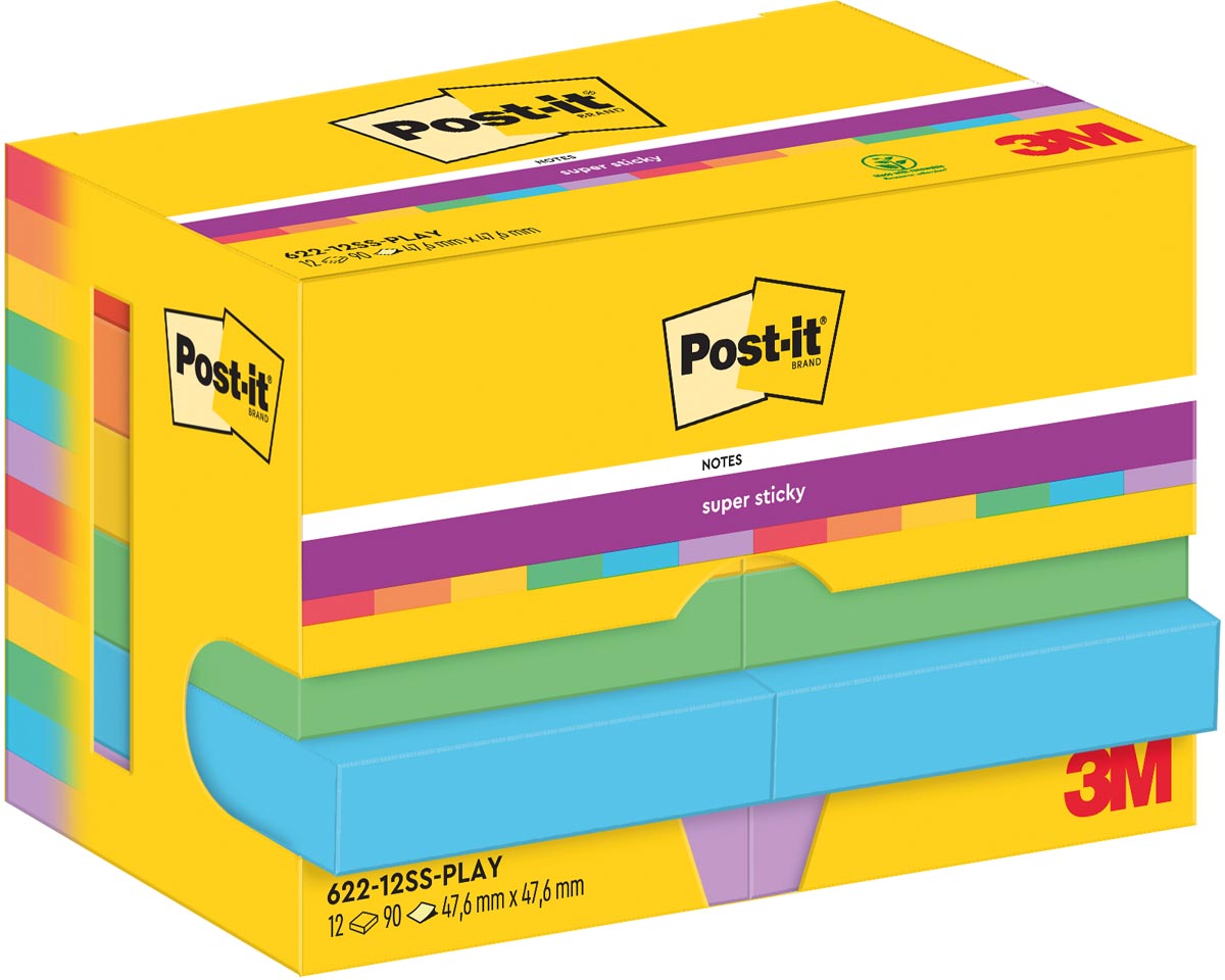 POST-IT® Notes Super Sticky Playful 47.6x47.6 mm. 12 blocs, 90F