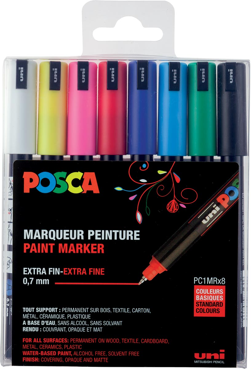 Uni-ball Paint Marker op waterbasis Posca PC-1MR, doos van 8 stuks in geassorteerde kleuren