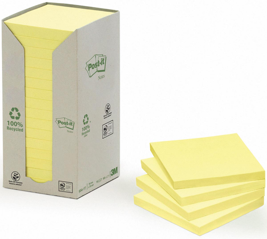 Post-it Recycled notes, 100 vel, ft 76 x 76 mm, geel, pak van 16 blokken