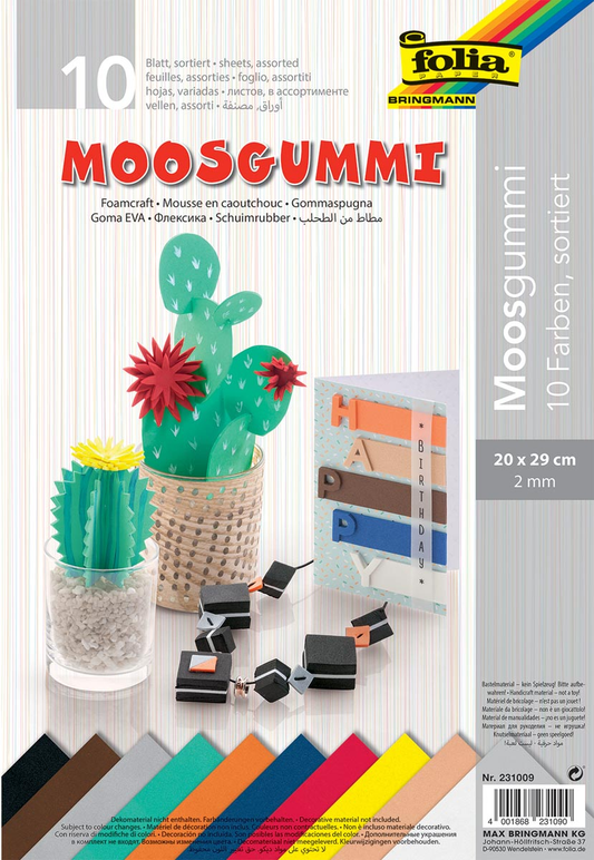 Folia mosgummi pak van 10 blad in 10 geassorteerde kleuren