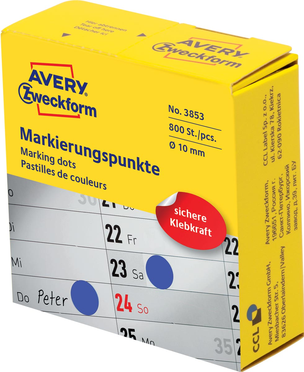 Avery marking dots, diameter 10 mm, rol met 800 stuks, blauw