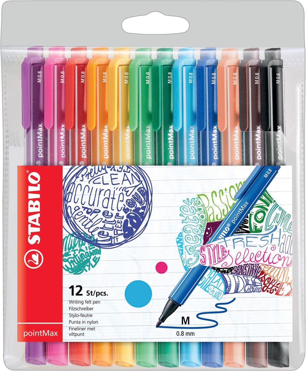 STABILO pointMax schrijfstift, 0,8 mm, etui van 12 stuks in geassorteerde kleuren