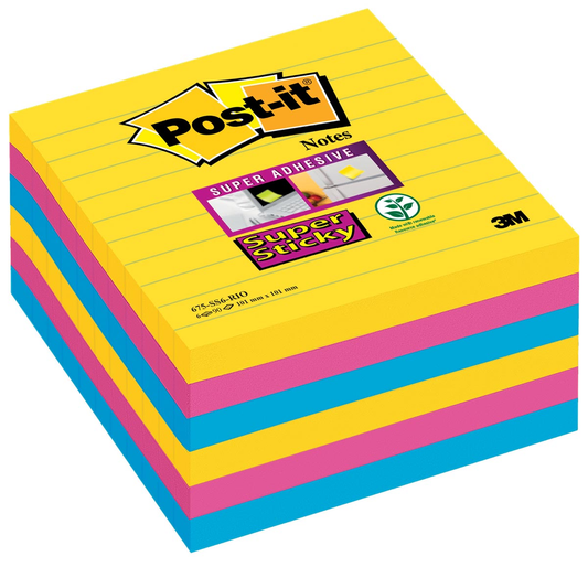 Post-it Super Sticky Notes XL Carnival, 70 vel, ft 101 x 101 mm, gelijnd, geassorteerde kleuren, pak van