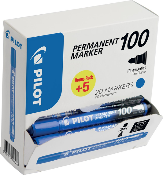 Pilot permanent marker 100, XXL doos met 15 + 5 stuks, blauw