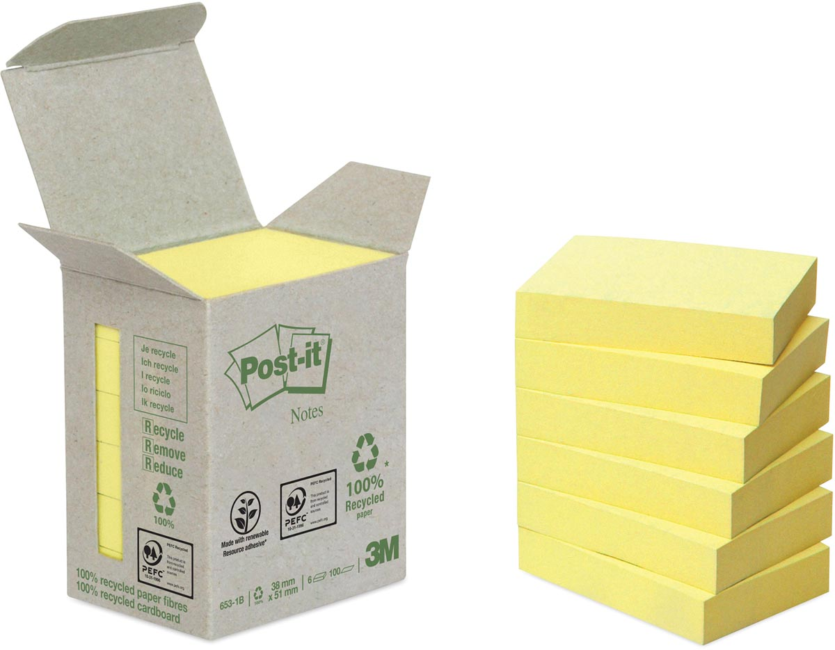 Post-it Recycled notes, 100 vel, ft 38 x 51 mm, geel, pak van 6 blokken