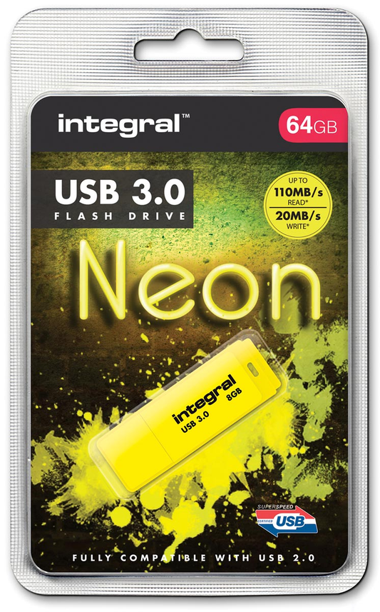 Integral Neon USB 3.0 stick, 64 GB, geel