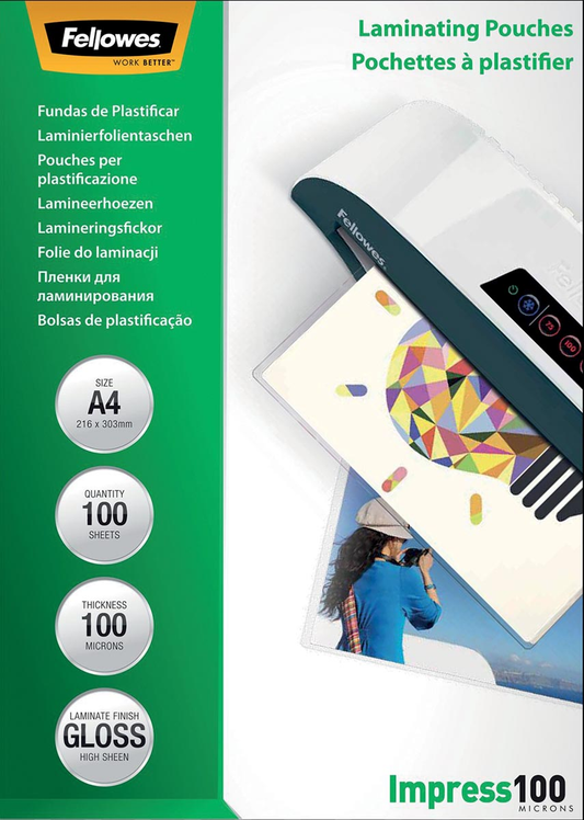 Fellowes lamineerhoes Impress100 ft A4, 200 micron (2 x 100 micron), pak van 100 stuks