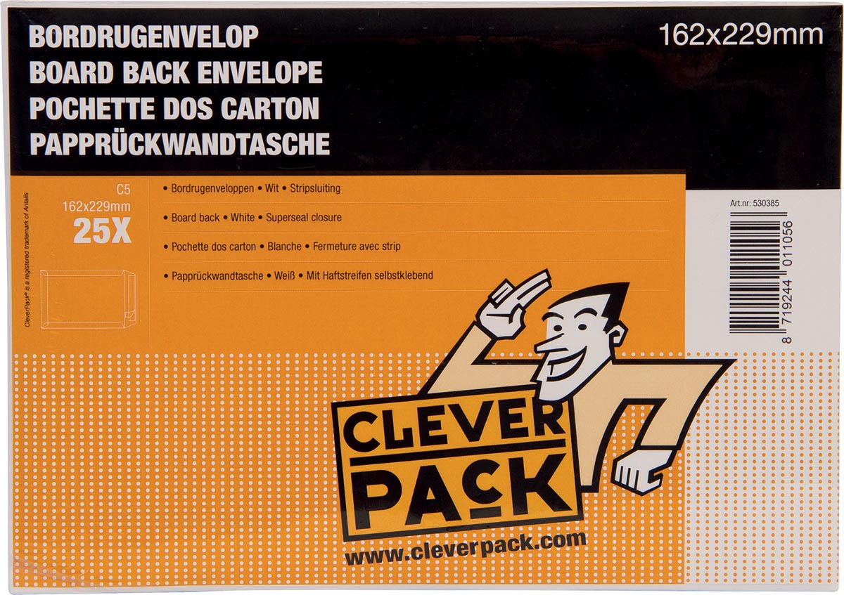 Cleverpack bordrugenveloppen, ft 162 x 229 mm, met stripsluiting, wit, pak van 25 stuks