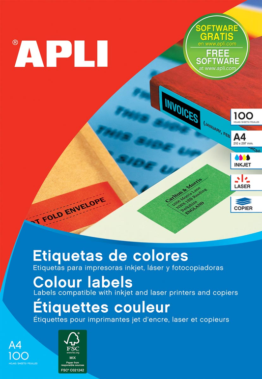 Apli Gekleurde etiketten ft 105 x 37 mm (b x h), blauw, 1.600 stuks, 16 per blad, doos van 100 blad