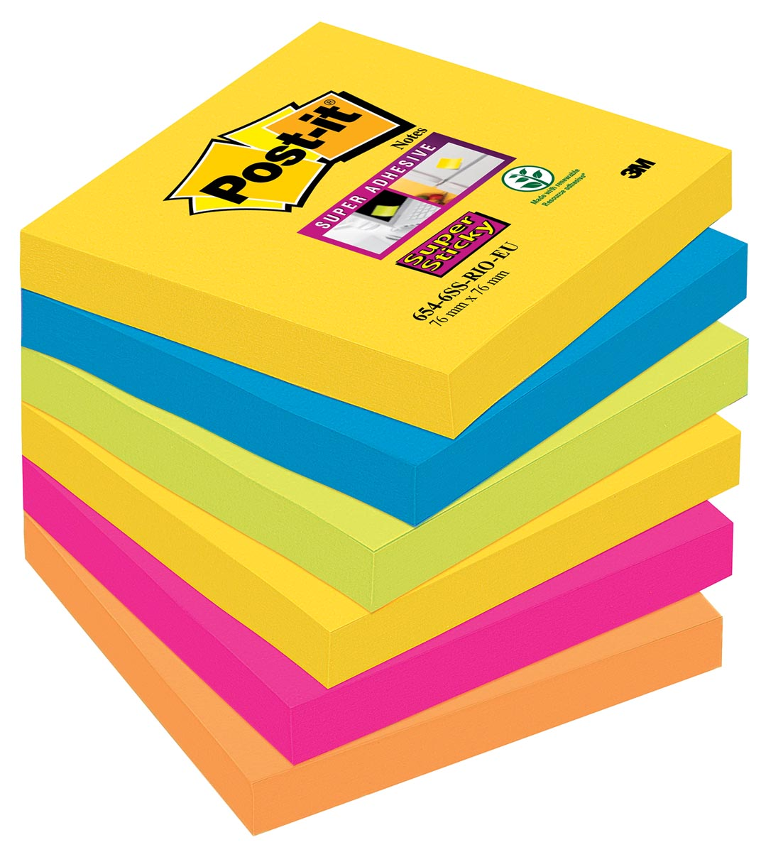 Post-it Super Sticky notes Carnival, 90 vel, ft 76 x 76 mm, pak van 6 blokken