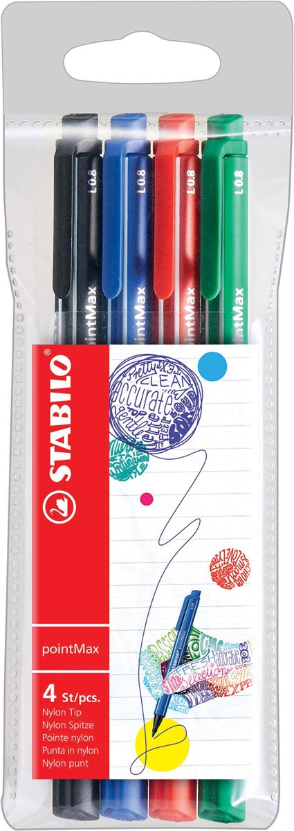 STABILO pointMax schrijfstift, 0,8 mm, etui van 4 stuks in geassorteerde standaard kleuren