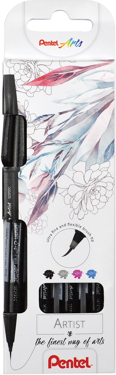 Pentel brushpen Artist, kartonnen etui met 4 stuks: zwart, grijs, turkoois en roze