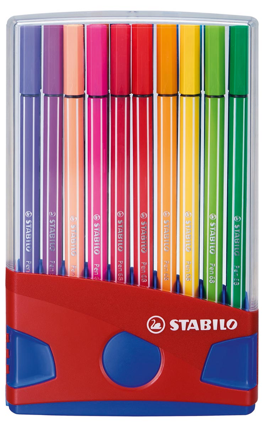 STABILO Pen 68 brush, ColorParade, rood-blauwe doos, 20 stuks in geassorteerde kleuren