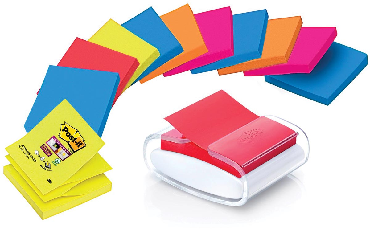 Post-it Super Sticky z-notes dispenser Pro Color wit, voor ft 76 x 76 mm, inclusief 12 blokken van 90 vel