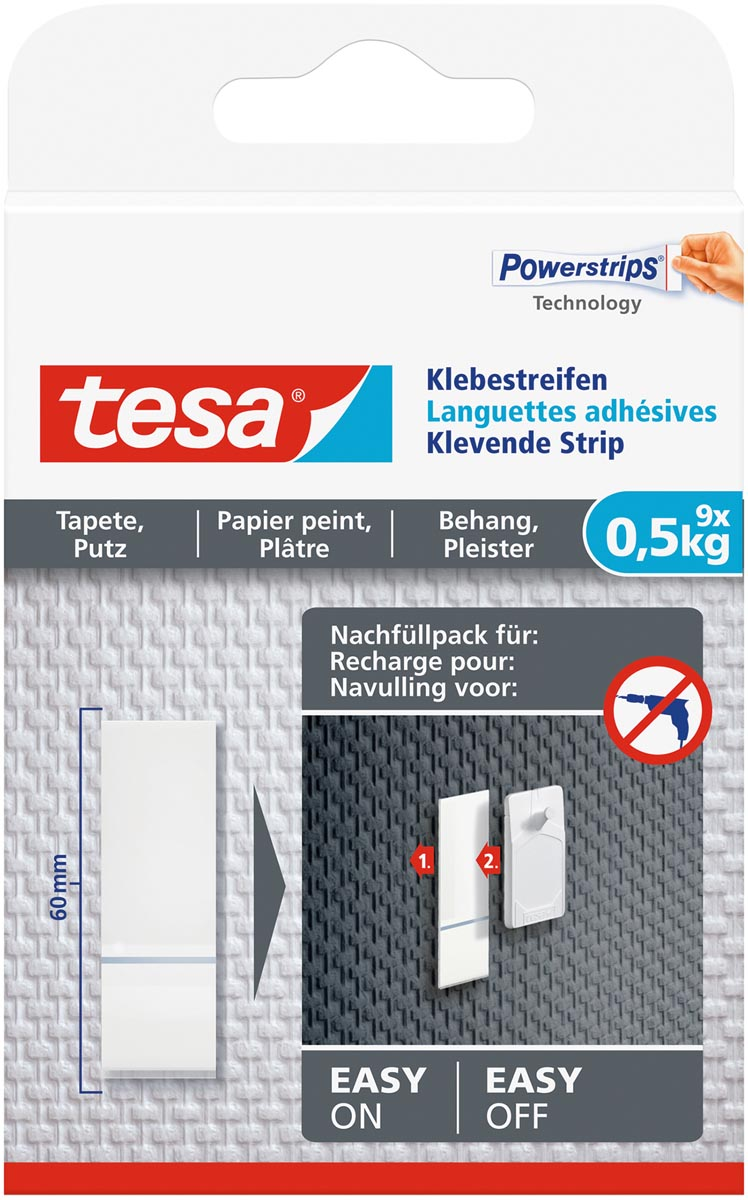 Tesa Klevende strip navulling, draagkracht 0,5 kg, behang en pleisterwerk, pak van 9 stuks