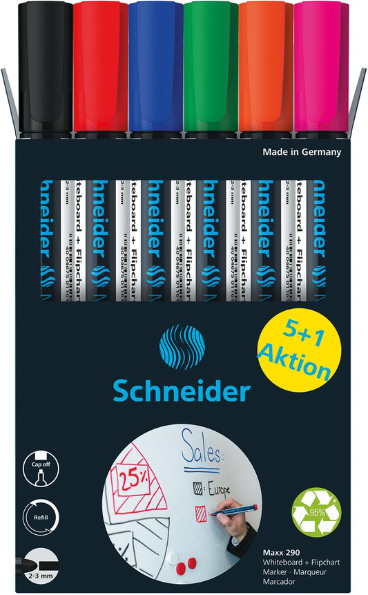 Schneider Maxx 290 whiteboardmarker, 5 + 1 gratis, assorti