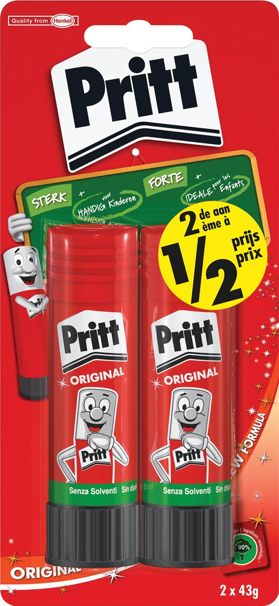 Pritt plakstift blister van 2 stuks van 43 g, 2de aan halve prijs