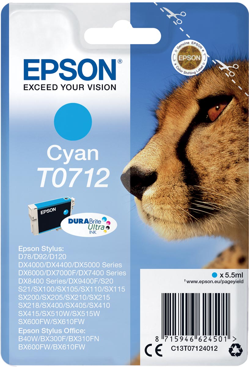 Epson inktcartridge T0712, 345 pagina's, OEM C13T07124012, cyaan