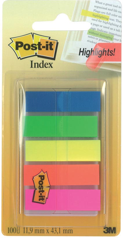 Post-it index translucent, ft 11,9 x 43,2 mm, houder met 20 tabs in 5 verschillende kleuren