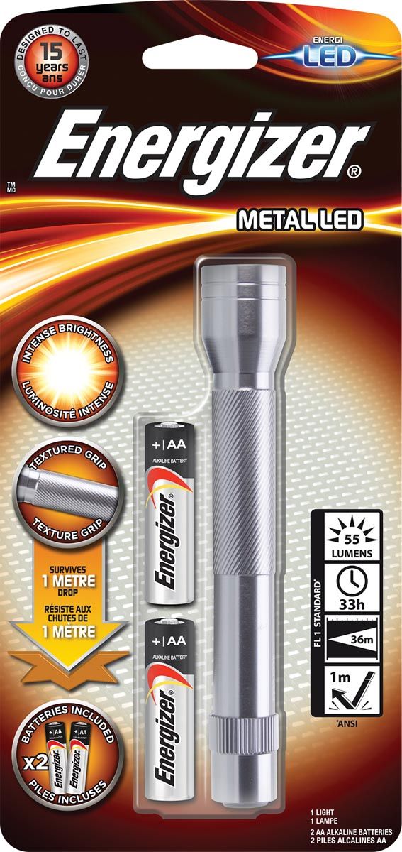 Energizer zaklamp Metal LED 2AA, inclusief 2 AA batterijen, op blister