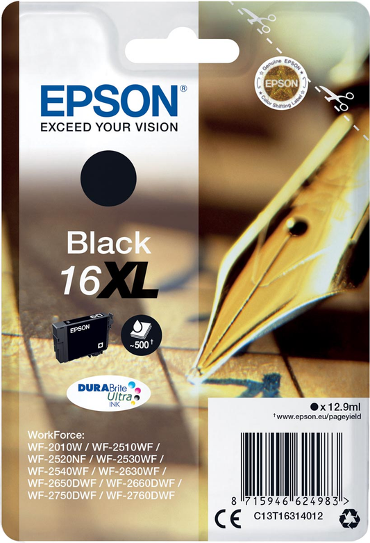 Epson inktcartridge 16XL, 500 pagina's, OEM C13T16314012, zwart