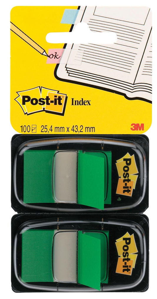 Post-it index standaard, ft 24,4 x 43,2 mm, houder met 2 x 50 tabs, groen