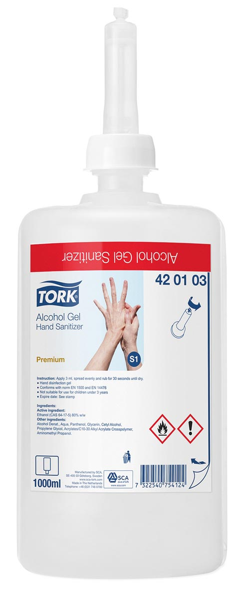 Tork alcohol gel voor handdesinfectie, systeem S1, flacon van 1 liter