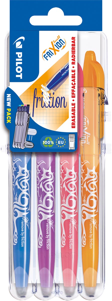 Pilot roller Frixion Ball Set 2 Go blister van 4 stuks, oranje, roze, paars en blauw