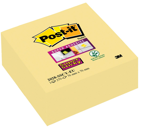 Post-it Super Sticky notes cube, 270 vel, ft 76 x 76 mm, geel