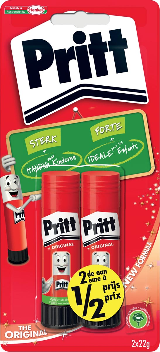 Pritt plakstift blister van 2 stuks van 22 g, 2de aan halve prijs