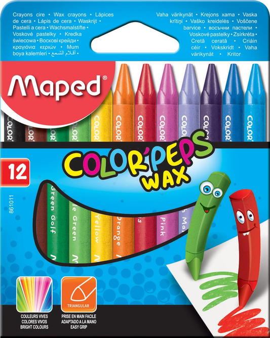 Maped waskrijt Color'Peps Wax, doos van 12 stuks in geassorteerde kleuren