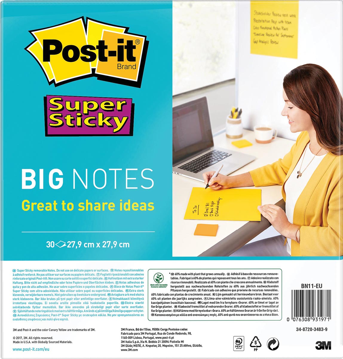 Post-it Super Sticky Big Notes, 30 vel, ft 280 x 280 mm, geel