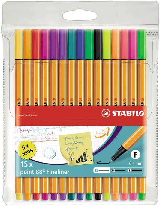 STABILO point 88 fineliner, etui van 15 stuks in geassorteerde kleuren