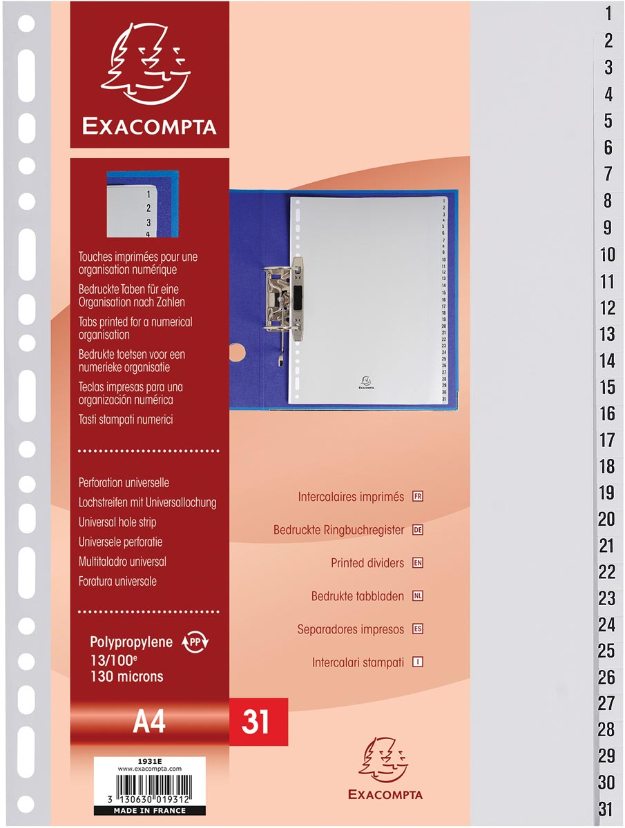 Exacompta tabbladen numeriek voor ft A4, uit PP, 31 tabs, grijs