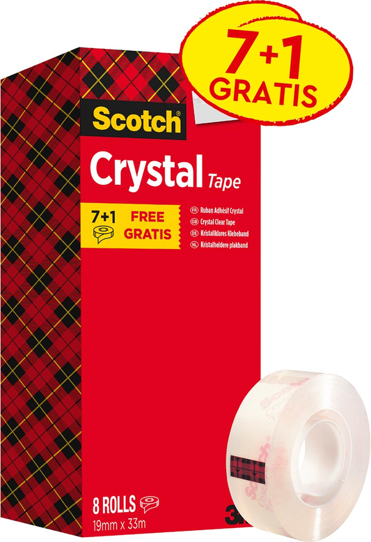 Scotch plakband Crysal Tape, ft 19 mm x 33m, 1 x value pack met 8 rollen waarvan 1 gratis