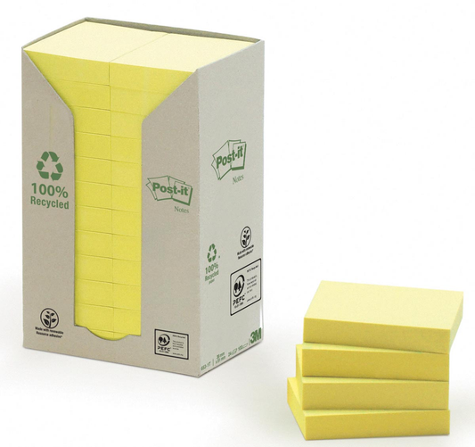 Post-it Recycled notes, 100 vel, ft 38 x 51 mm, geel, pak van 24 blokken