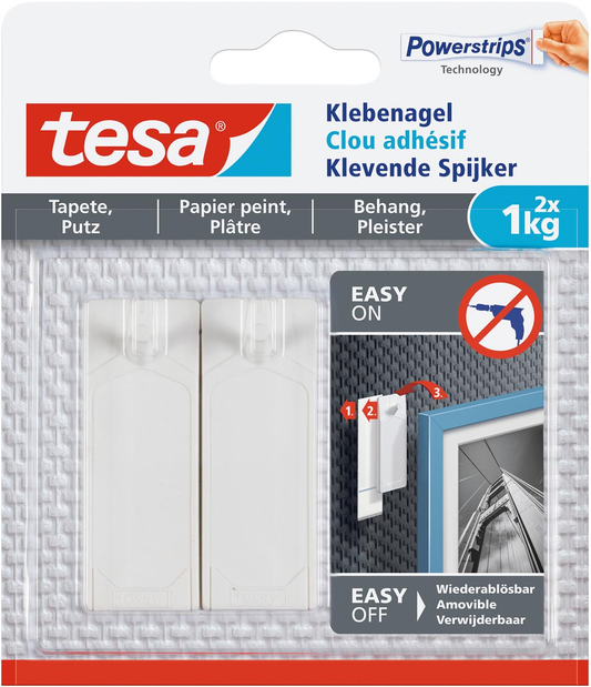 Tesa Klevende spijker voor behang en pleisterwerk, draagkracht 1 kg, blister van 2 stuks