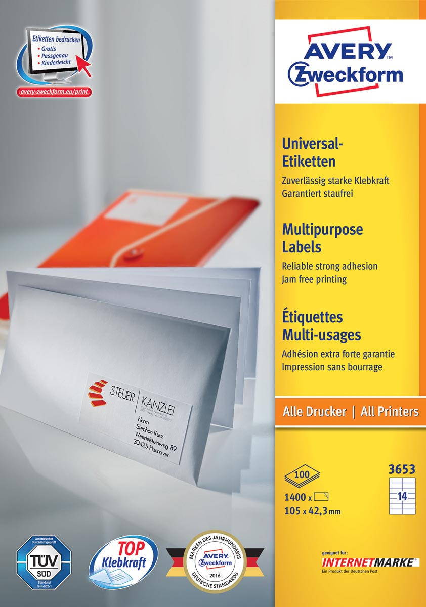 Avery Zweckform 3653, Universele etiketten, Ultragrip, wit, 100 vel, 14 per vel, 105 x 42,3 mm