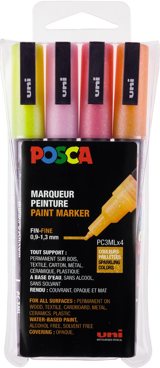 Posca paintmarker PC-3M, set van 4 markers, glitter, geel-oranje-roze-rood