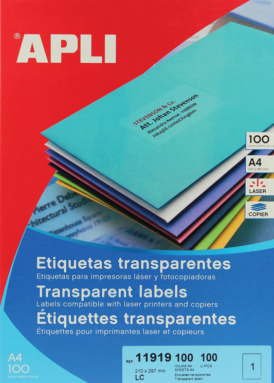 Apli Transparante etiketten ft 210 x 297 mm (b x h), 100 stuks, 1 per blad, doos van 100 blad