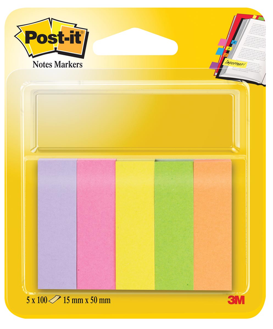 Post-it Notes Markers, ft 15 x 50 mm, geassorteerde kleuren, blister met 5 blokjes van 100 vel