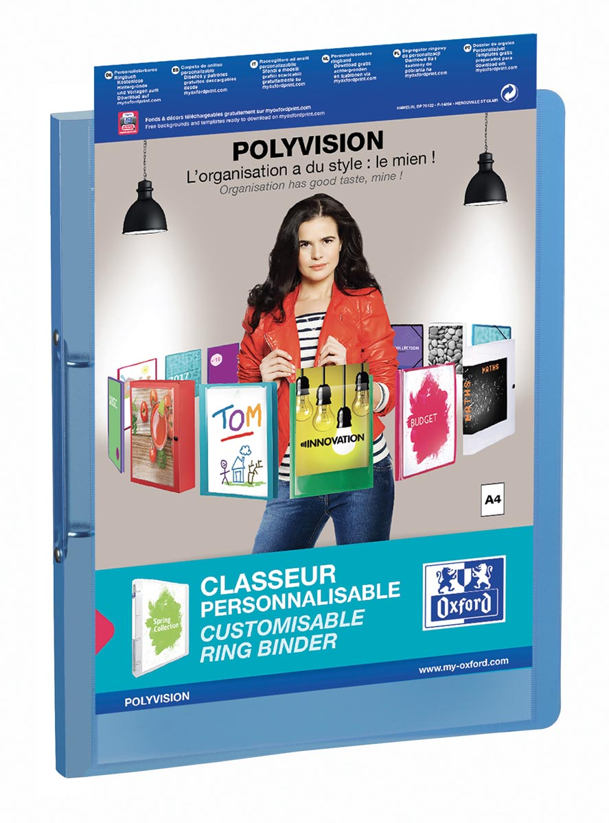 OXFORD Polyvision personaliseerbare ringmap, formaat A4, uit PP, rug van 3 cm, 2 ringen, blauw