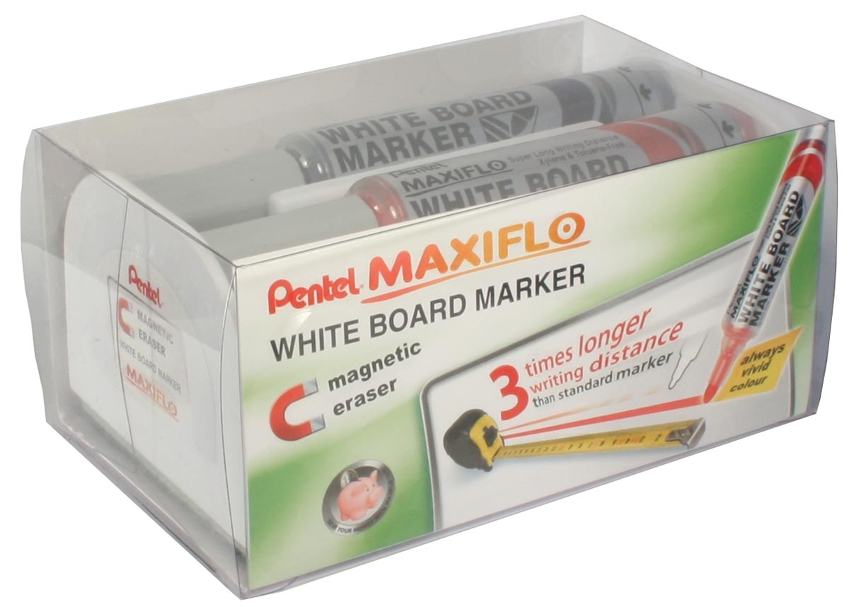 Pentel whiteboardmarker Maxiflo set van 4 stuks: blauw, rood, groen en zwart + magnetische bordwisser