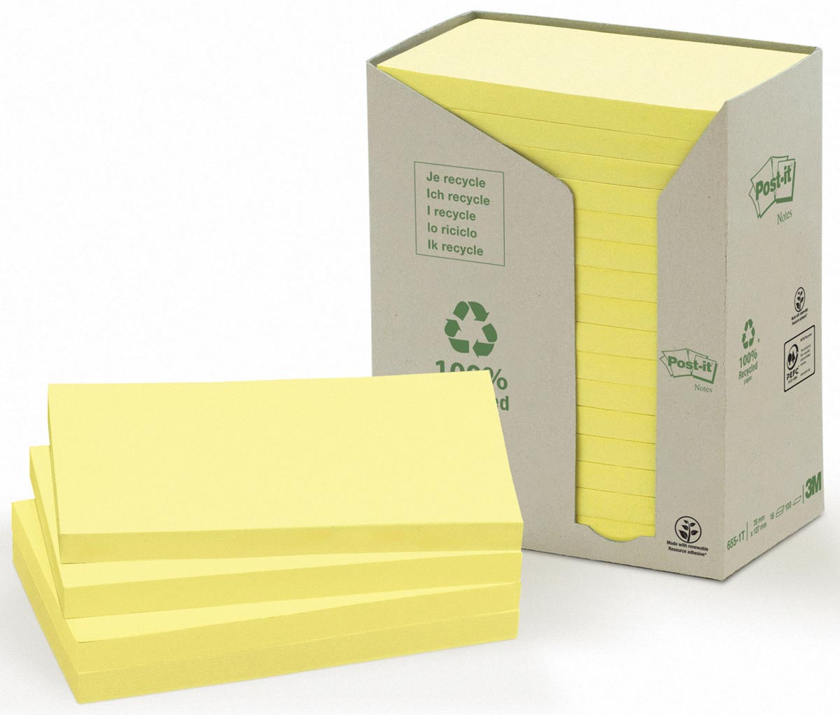 Post-it Recycled notes, 100 vel, ft 76 x 127 mm, geel, pak van 16 blokken