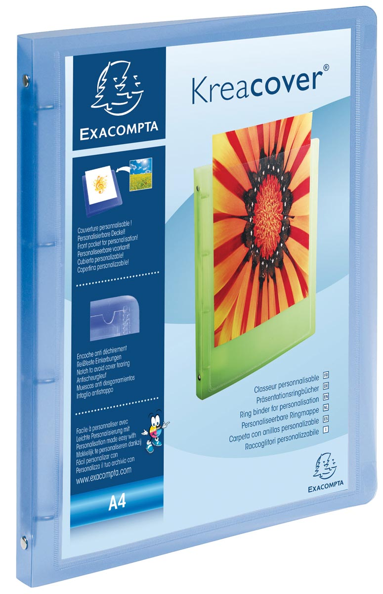 Exacompta Personaliseerbare ringmap Kreacover 4 ringen, transparant blauw