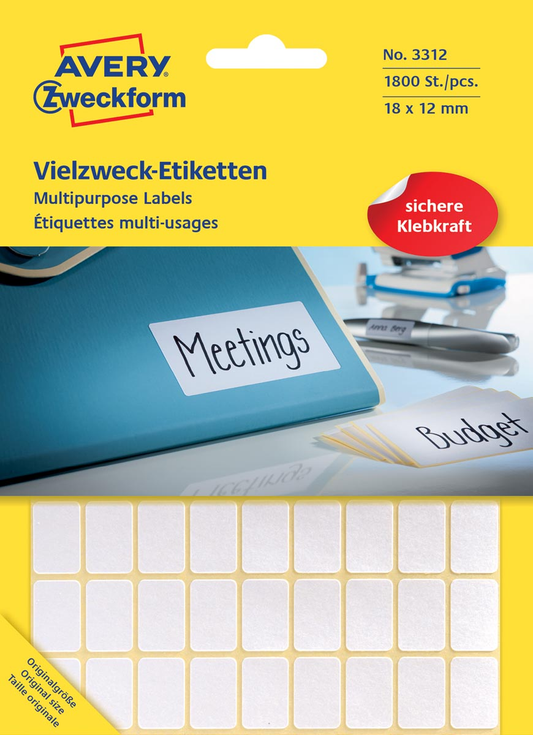 Avery Zweckform 3312 mini etiketten ft 18 x 12 mm (b x h), 1.800 etiketten, wit