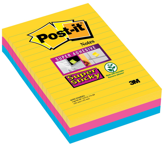 Post-it Super Sticky Notes XXL Carnival, 90 vel, ft 101 X 152 mm, gelijnd, geassorteerde kleuren, pak van