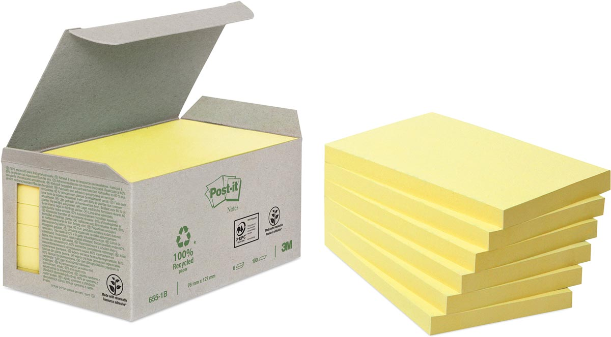 Post-it Recycled notes, 100 vel, ft 76 x 127 mm, geel, pak van 6 blokken