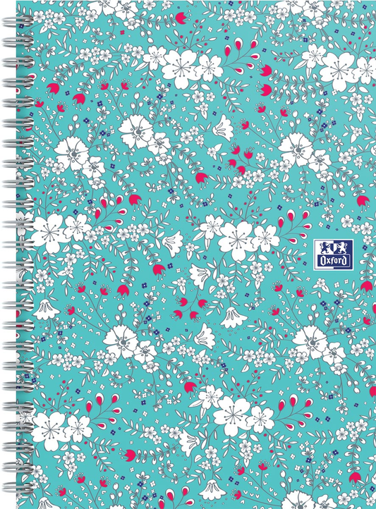 Oxford Floral hardcover spiraalschrift, ft B5, 60 vel, geruit 5 mm, turkoois