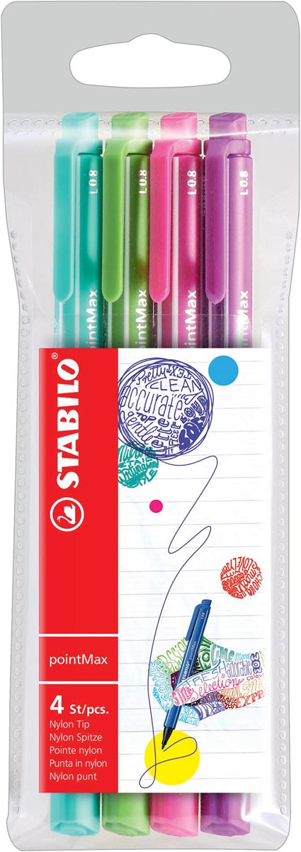 STABILO pointMax schrijfstift, 0,8 mm, etui van 4 stuks in geassorteerd fun kleuren